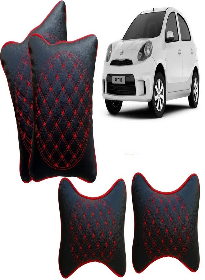 Selifaur Black and Red Double Quilted Car Cushion and Neck Rest Pillow Set of 4 for Micra Active - Image 1